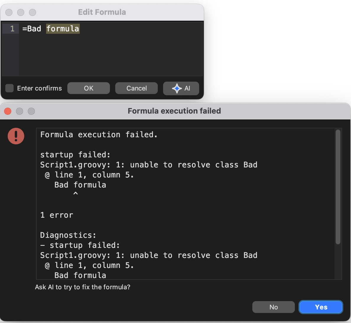 Formula execution failed dialog